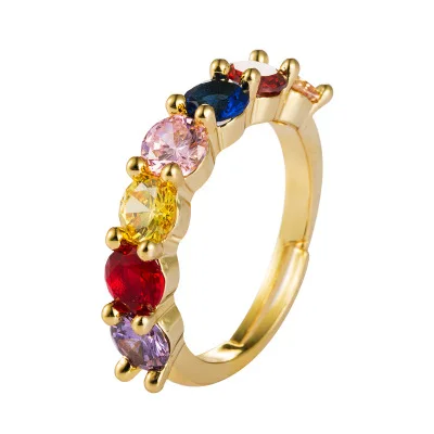 

Hot Selling Rainbow Cubic Zirconia Ring Adjustable 18K Gold Plated Multi colors CZ Rings For Anniversary Eternity