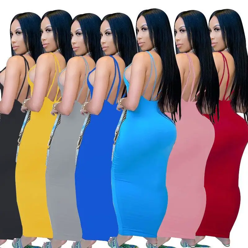 

Womens Clothing High-stretch Halter Dress With Tight Straps Solid Color High Waist Suspender Dress plus size women's dresses, As show