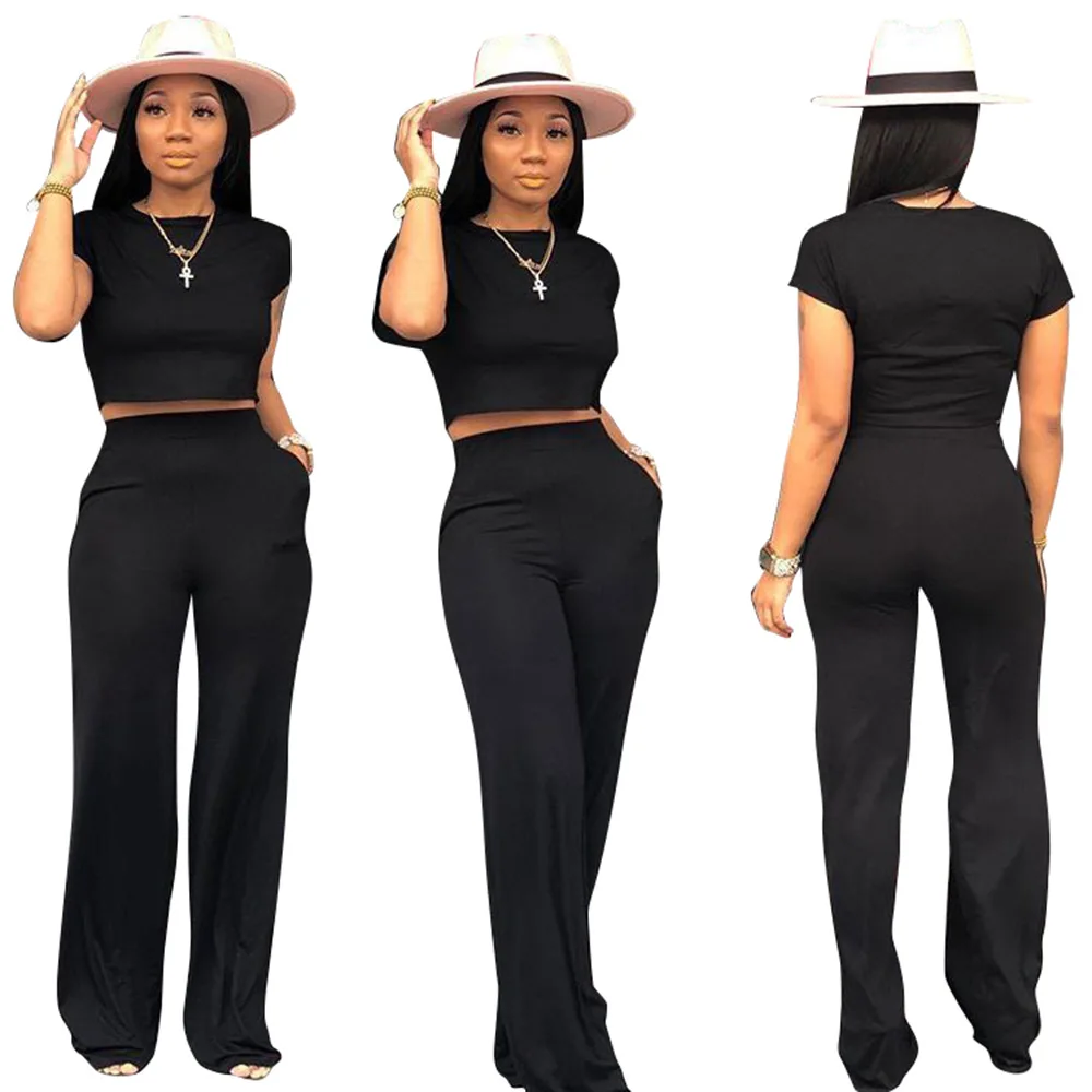 

Wholesale Solid Color Crop Top Wide Leg Pants Two Piece Set summer jumpsuits women