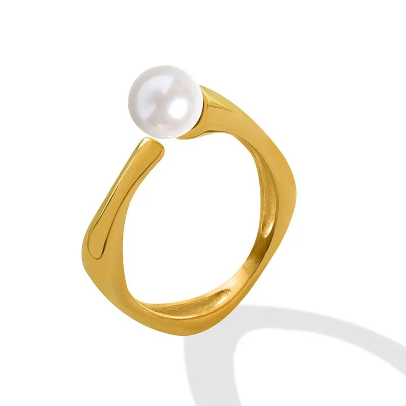 

High End 18K PVD Gold Plated Imitation Pearl Open Rings Stainless Steel Women Rings Tarnish Free Jewelry