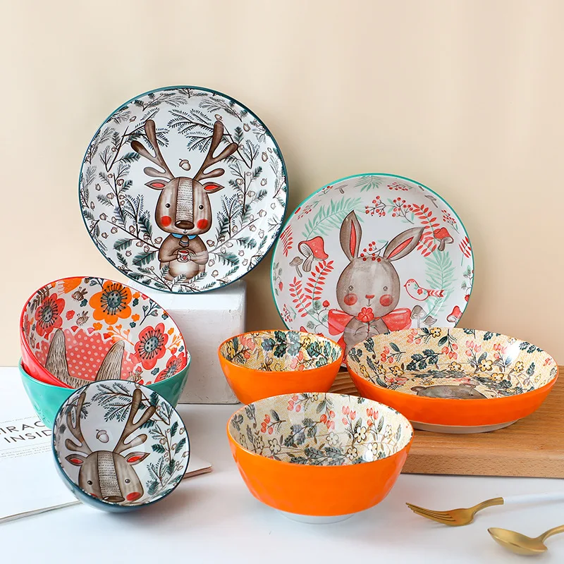 

Creative ceramic rice Animal forest soup lovely breakfast Restaurant home bowl plate cartoon tableware set, Blue,green,red,orange