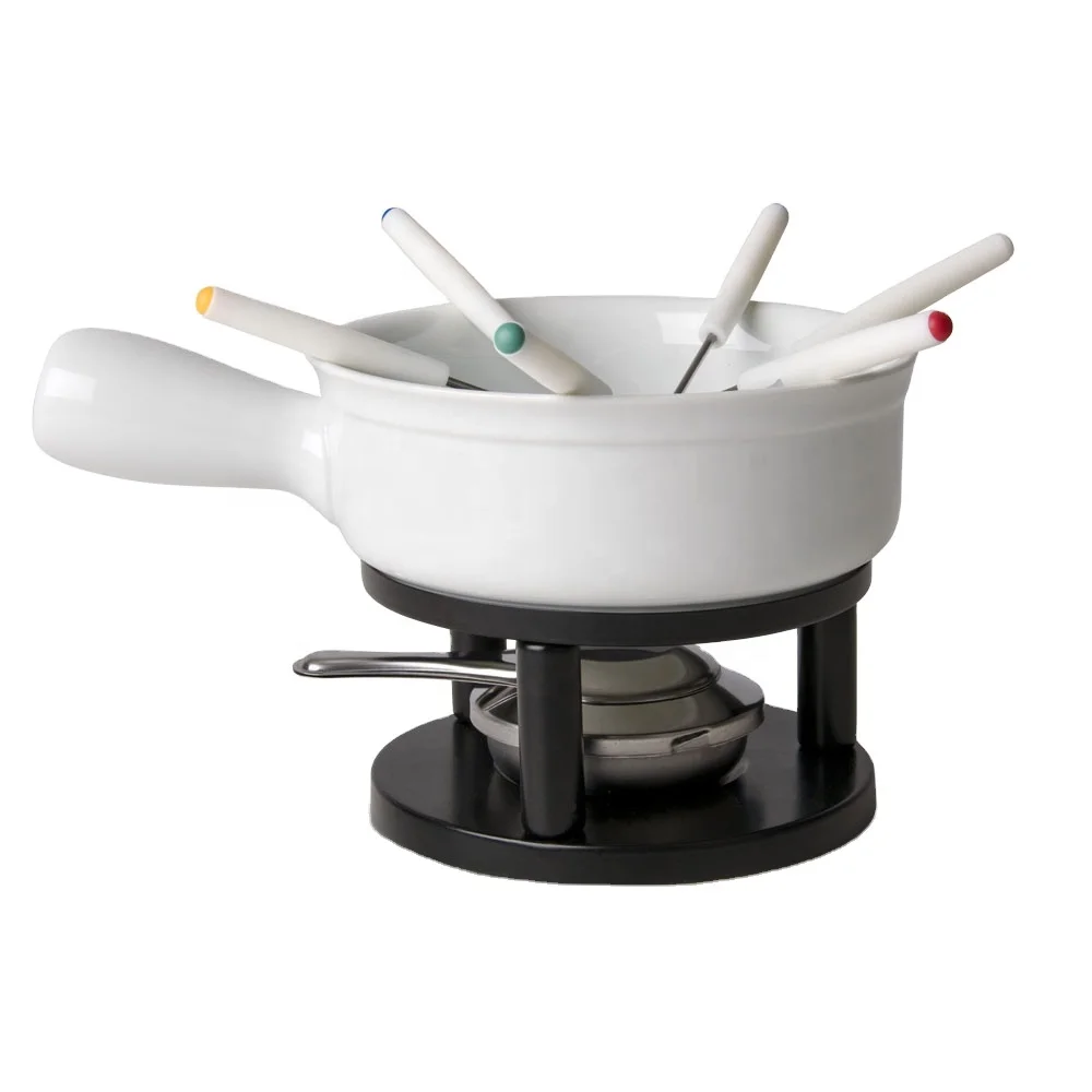 

Cast Iron Cheese Melting Pot White Ceramic Fondue Set