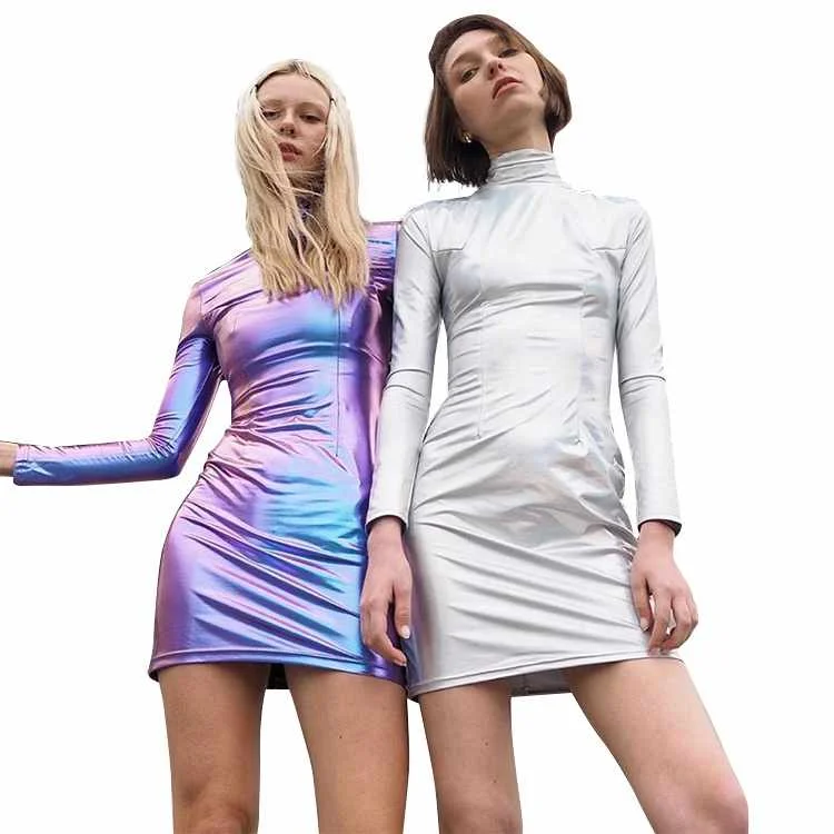 

Sexy Long Sleeve Turtleneck Sexy Satin Pu Leather Midi Causal Party Club Night Wear Dresses Women Bodycon