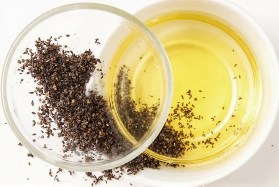 Pure black cumin oil in dark glass bottle with seeds