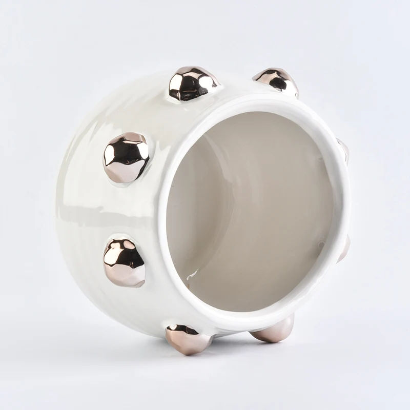 Wholesale White Ceramic Candle Holder with Metallic Dotted Bulge Home Decoration