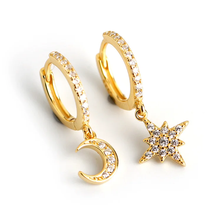 

Hip hop 925 sterling silver fashion INS star and moon cubic zirconia CZ gold plated hoop drop earrings for women men