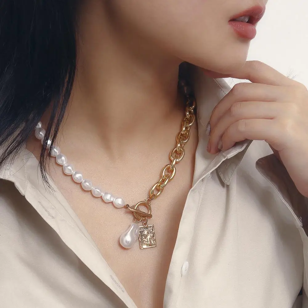 

SHIXIN Simulated Pearl Necklace Beaded Bracelet Gold Color Jesus Piece Pendant Lariat Necklaces For Women Jewelry