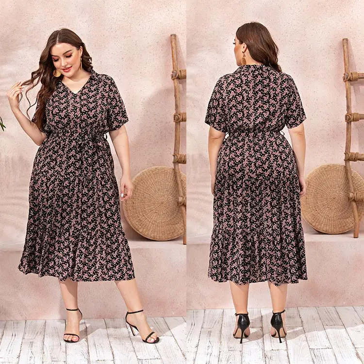 

Certified Merchant high quality floral black plus size dress fashion plus size women dresses