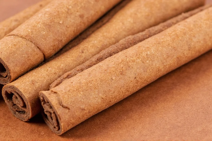 Close-up of cinnamon dolce syrup bottle next to ground cinnamon and vanilla beans