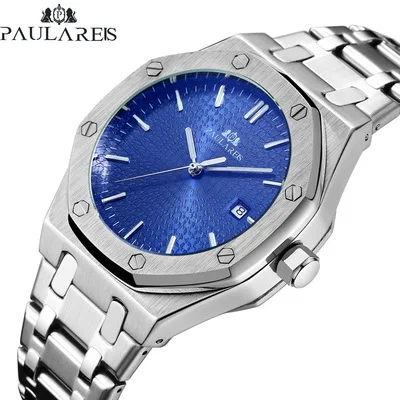 

Paulareis Automatic Self Wind Mechanical Stainless Steel Strap Simple Business Blue Rose Gold Yellow Gold Date Watch Men