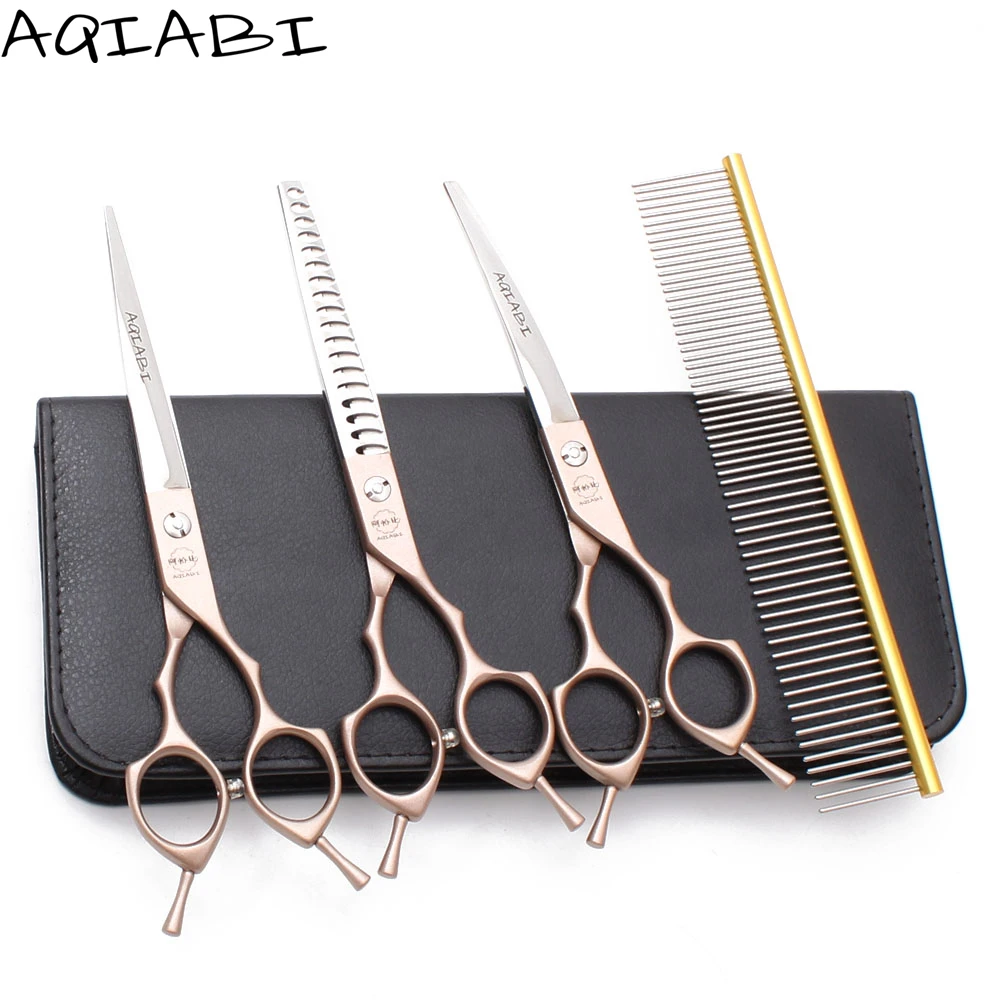 

Dog Grooming Kit 6.5" AQIABI Japanese Steel Dog Scissors Straight Shears Thinning Shears Pet Scissors A3009, Red handle