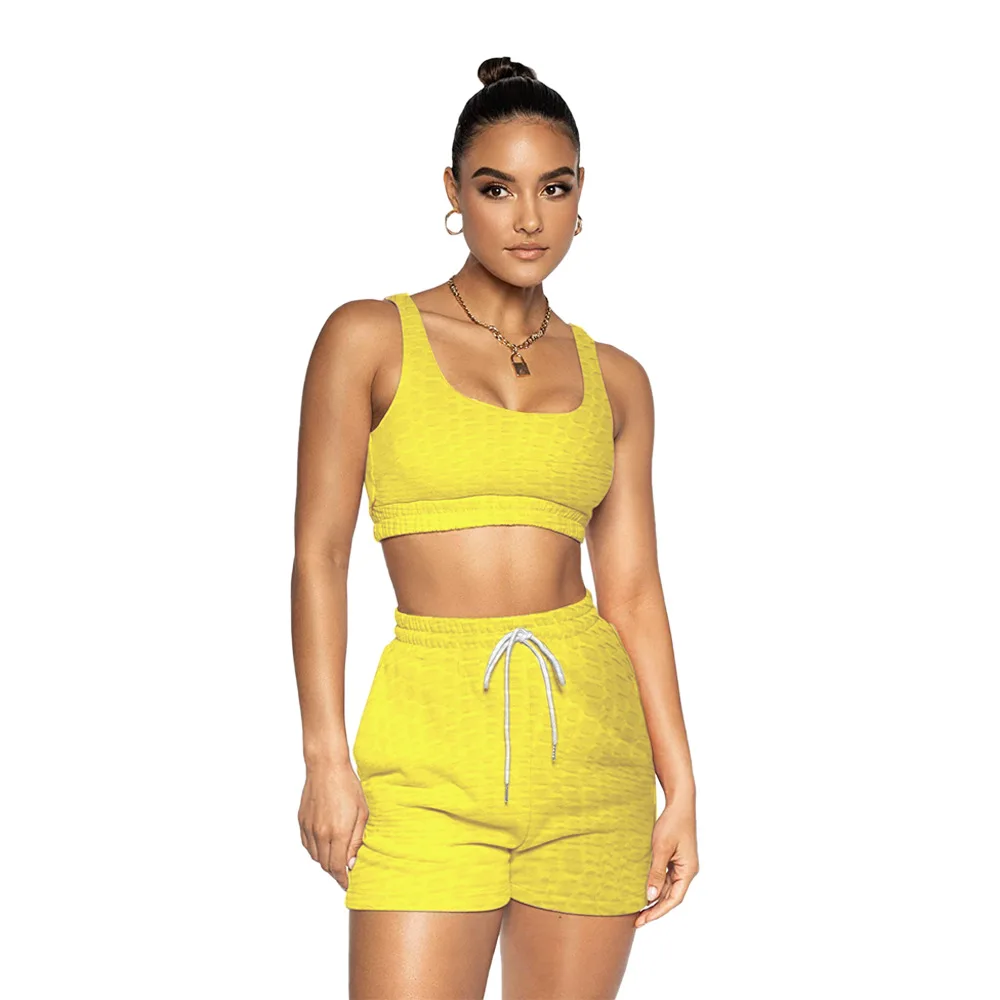 

2021 Women New Casual 3D Printed Solid Sleeveless Drawstring Crop Top Two-piece Sets for Female Wholesale OEM ODM