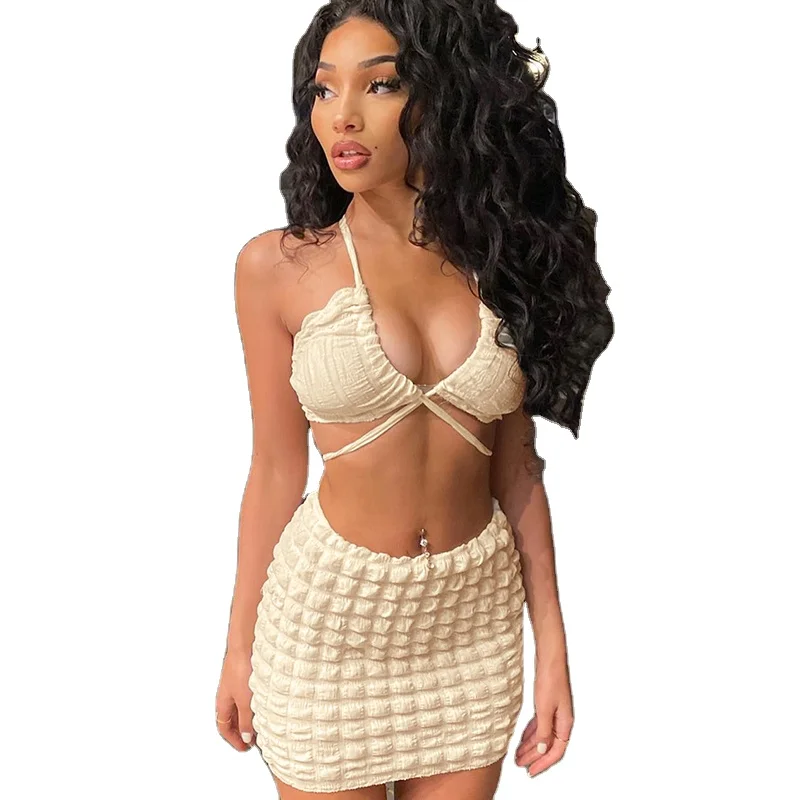 

2022 Summer Women's Sexy Solid Crop Top Mini Skirts Set 2 Piece Outfit Dress