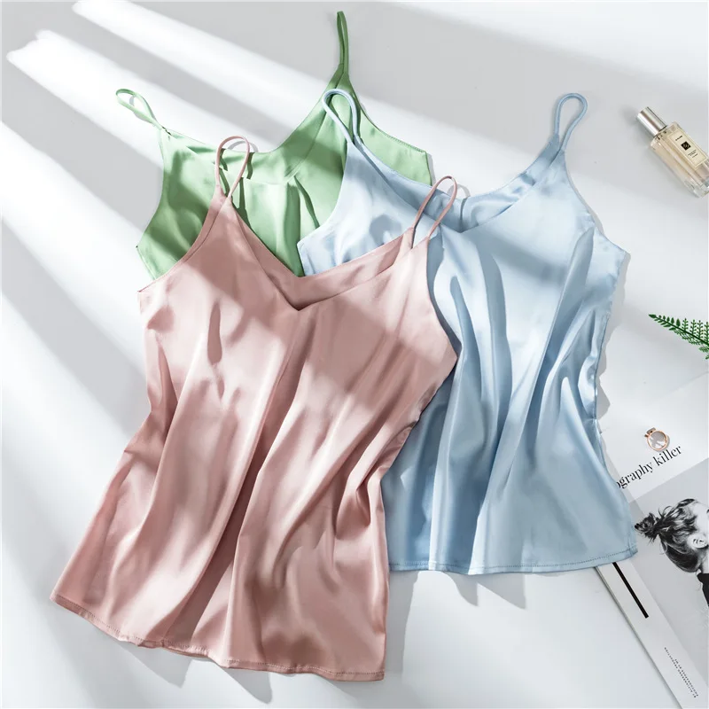 

2022 Newest Design Custom Summer Wear Women Sexy Double V-neck Mesh Robe Short Satin Spaghetti Strap Camisole Tops