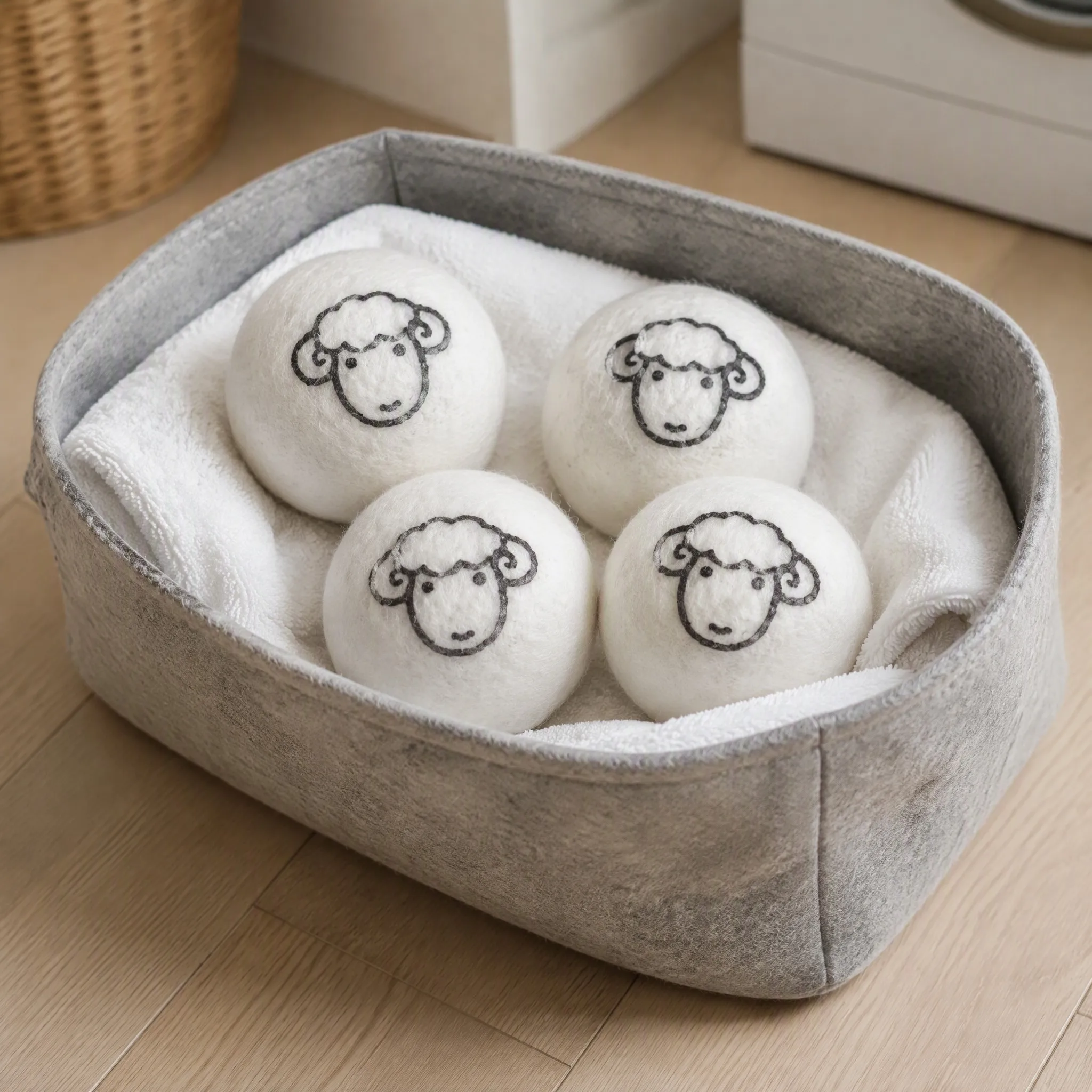 Printed wool dryer balls stored in a grey felt basket lined with a white towel