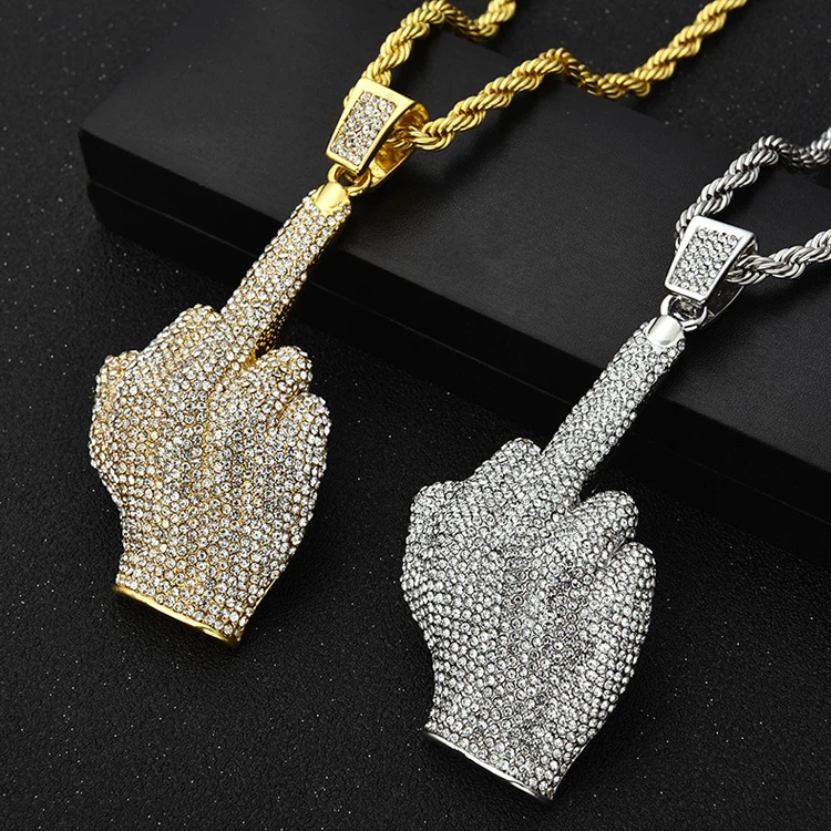 

Gold Plated Men Hip Hop Jewelry Iced Out Necklaces Micro Pave Middle Finger Necklace, Picture