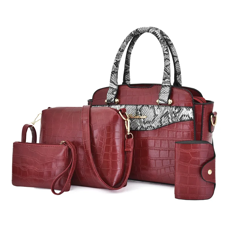 

Classic Pure Color Leather Alligator Pattern Four-piece Set Woman Shoulder Bag Handbag, Black blue brown red