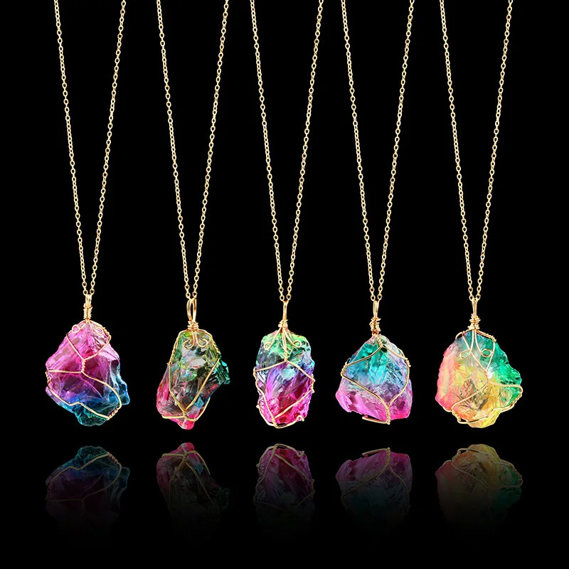 

Rainbow Natural Stone Pendant Necklace Fashion Crystal Chakra Rock Necklace Gold Color Chain Quartz Long Necklace For Wom A-3206, Picture shows