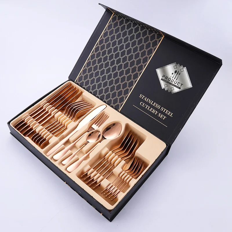 

Amazon Rose Gold Cutlery Set 24PCS Silverware Set Stainless Steel Flatware With Box
