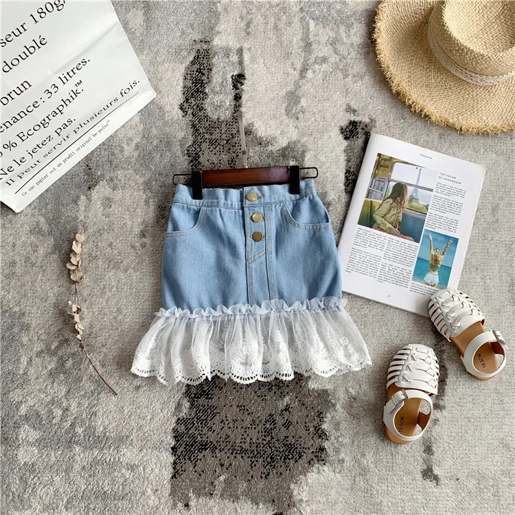 

New Arrival 2021 Summer Fashion Kids Girl Lace Up Denim Short Jeans Skirt For Wholesale, Blue