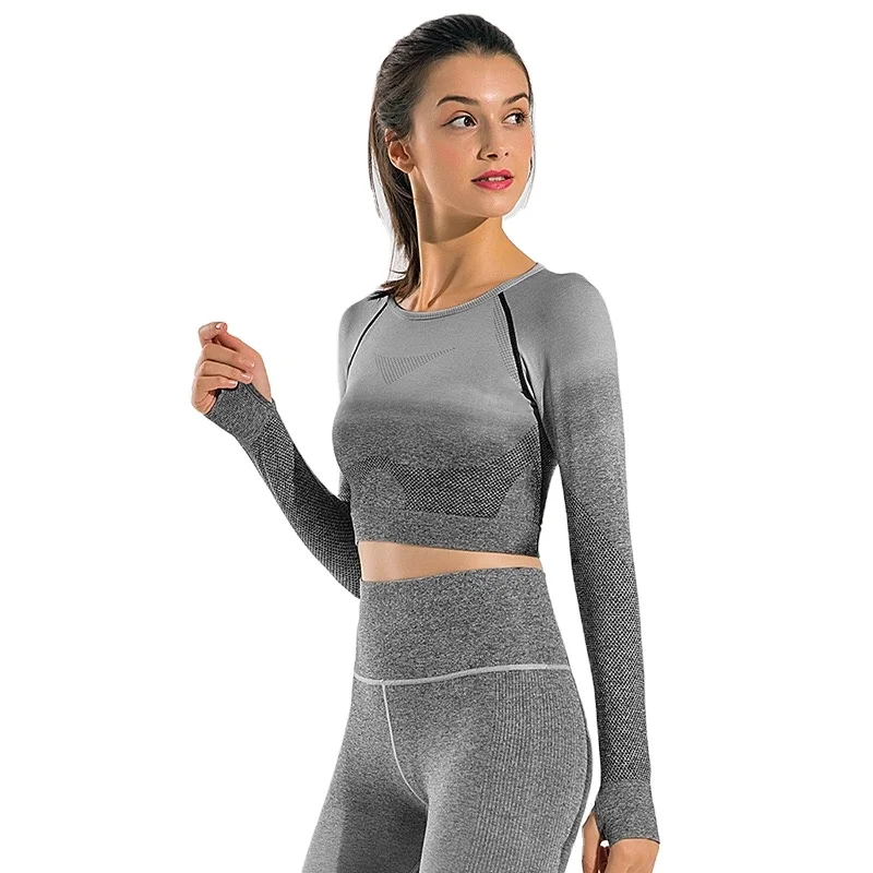 

BBZH050T Gray 2020 new long-sleeved sports women's yoga wear elastic waistless seamless quick-drying sports yoga two-piece suit