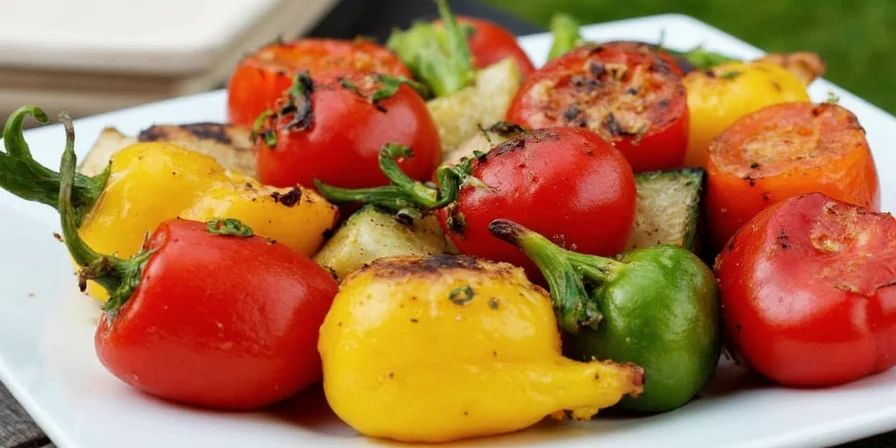 Final plated dish of perfectly grilled vegetables with fresh herbs