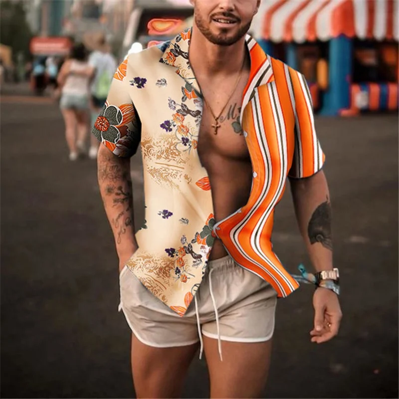 

Men's summer hawaiian Short Sleeve he-man wear tuxedo printed shirts stripe floral stylish custom logo casual Shirts for man