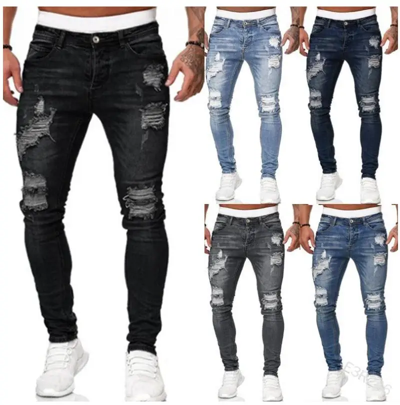 

High Street Vintage Hole jeans Men Casual Slim Pants Men's Trousers