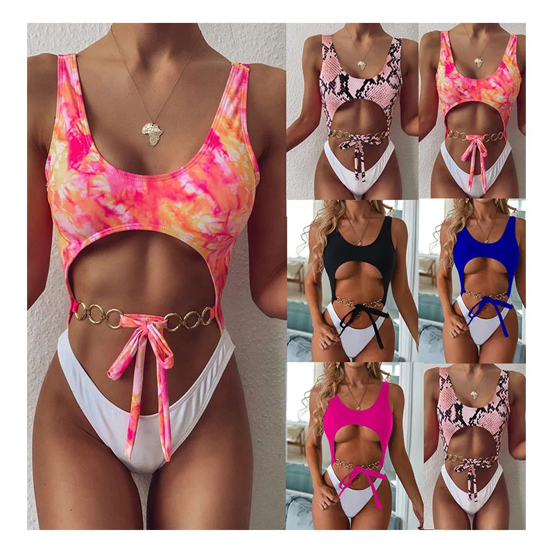 

Free shipping Solid Women Swimwear&Beachwear Sexy One Piece Chain Bikini For 18 Teen