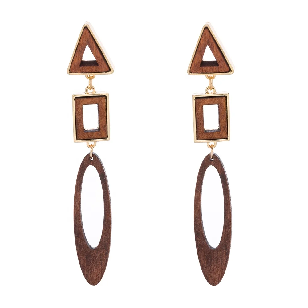 Fashion triangle rectangle geometric shape and oval brown color wooden post statement earrings for women jewelry