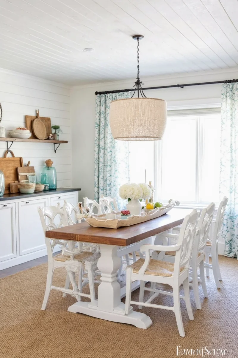 Baby nursery with rustic crib, nautical mobile, and wicker baskets.