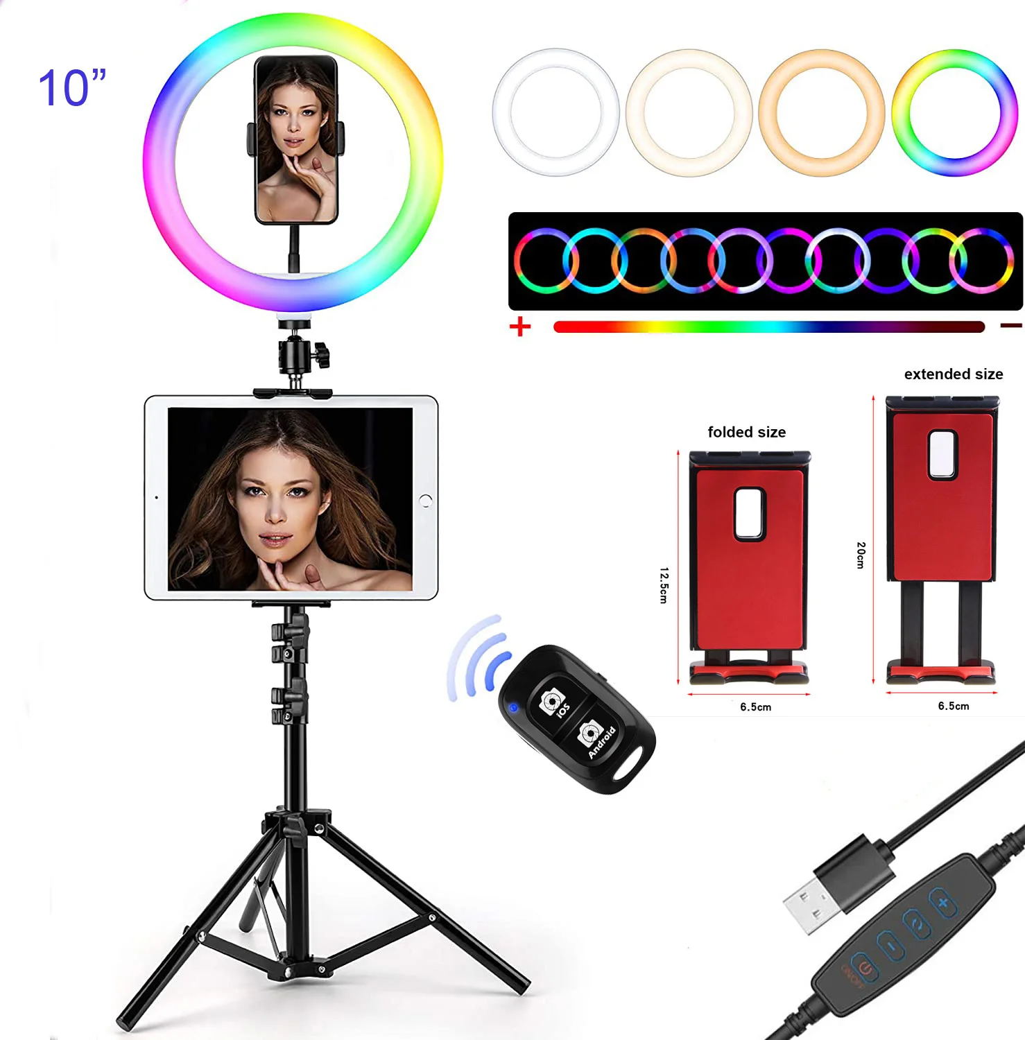 

10" RGB Selfie Ring Light with Tripod Stand RGB Flash Ring Light with Tablet Holder iPad Holder Phone Holder, White, white warm, warm