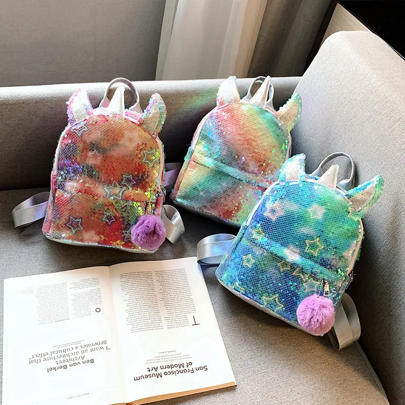 

2022 New Product Twinkle Unicorn Cartoon Schoolbags Fashion colorful Cute Girl Sequin Backpack Kids Kindergarten Children Girls, 3 color