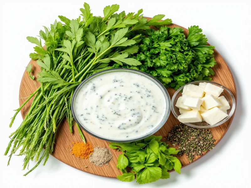Fresh herbs and yogurt ingredients for healthy ranch dressing