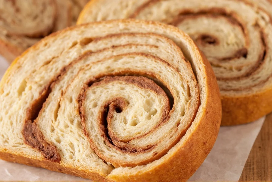 Perfectly sliced homemade cinnamon swirl bread showing distinct concentric circles with golden brown crust