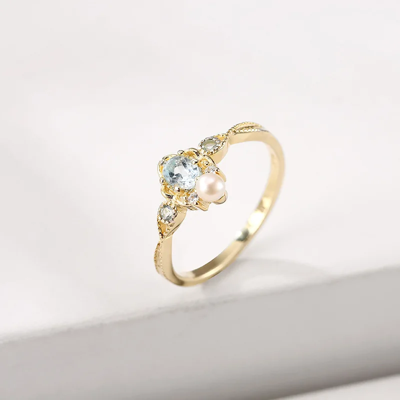 

Tik Tok accessories sterling silver 925 inset natural blue topa stone ring pearl sapphire lace cake rim ring