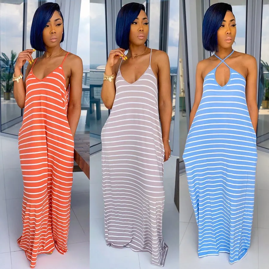 

Fashion women casual deep v neck spaghetti sleeveless backless pockets striped slip dress, Orange, black, blue, gray