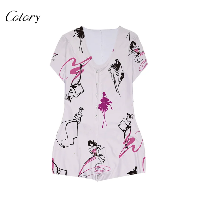 

Colory Sexy Short Cute Plus Size Pajamas Ladies Print Rompers, Picture shows