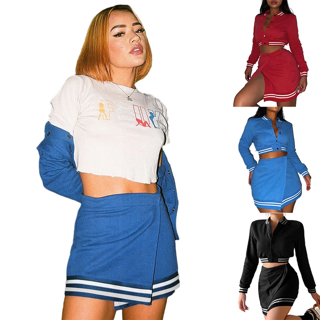 

2022 Spring Sexy Club Women Long Sleeve Button Up Fleece 2 Pc Baseball Jacket and Split Skirt Suit Crop Top Skirt Two Piece Set