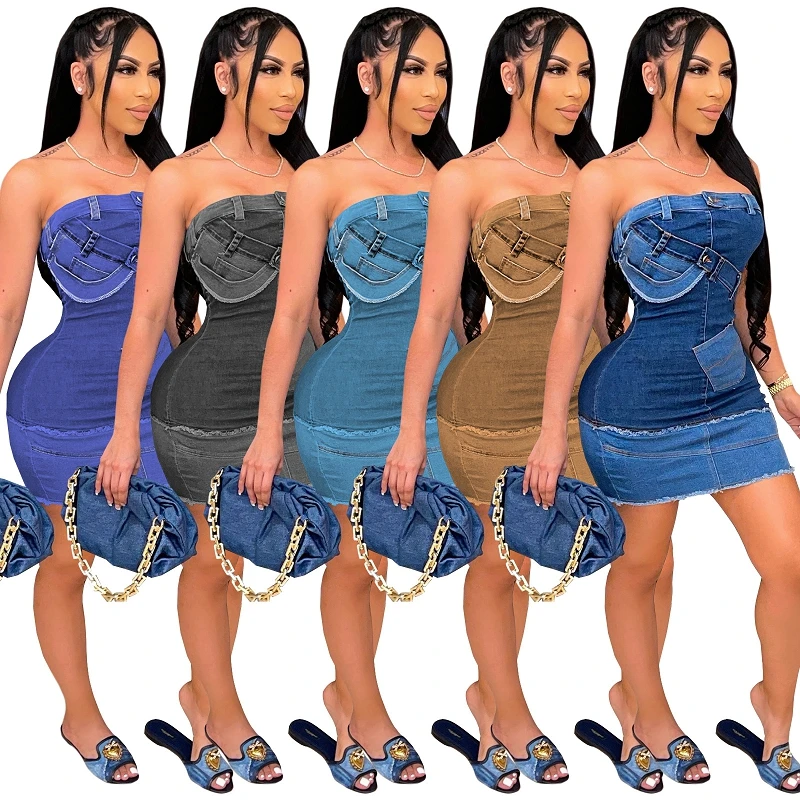 

MD-20062217 2022 new arrival summer sexy party club evening strapless dresses women imitate denim dresses