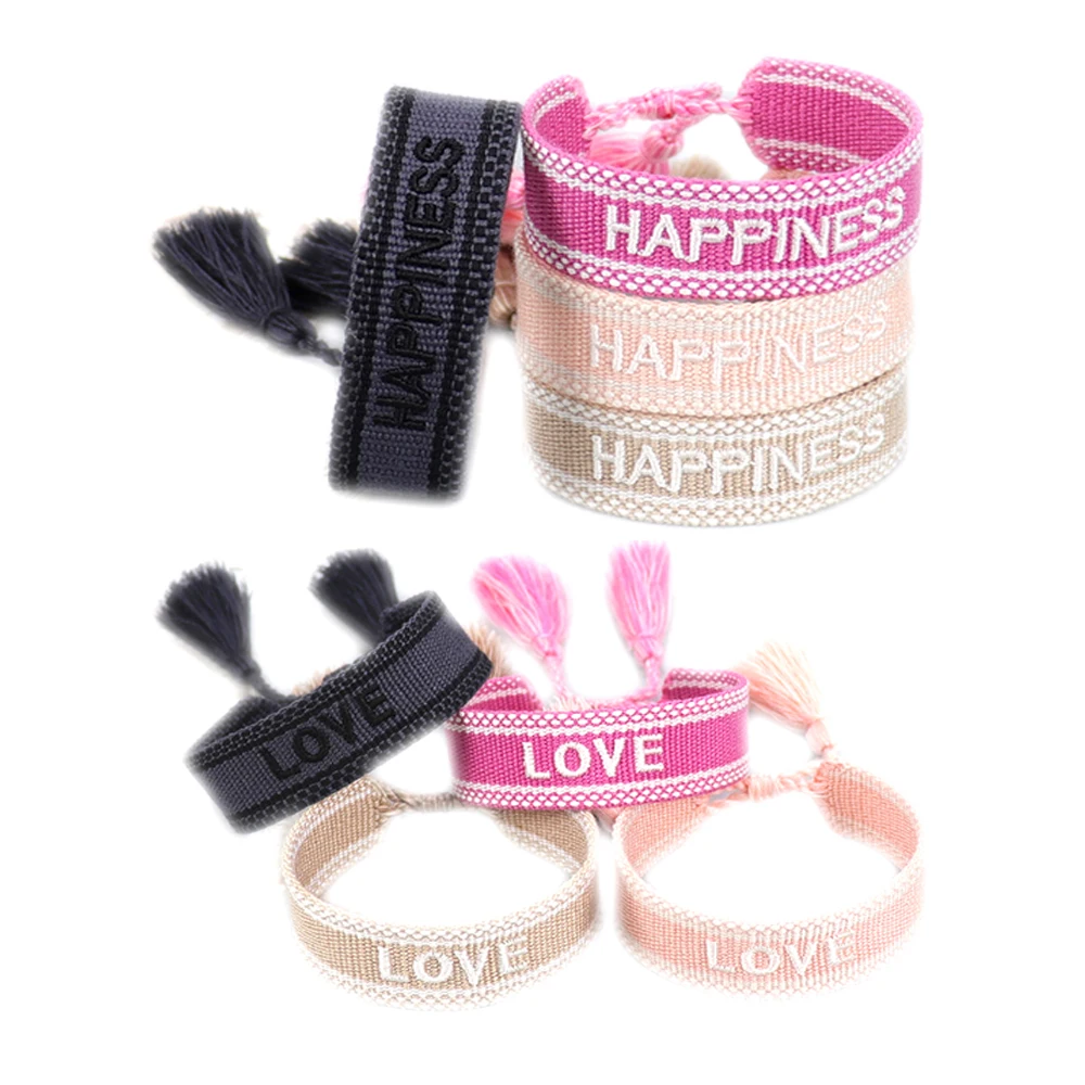 

50pcs HAPPY DREAM LOVE HOPE PEACE BRIDE C'EST LA VIE Handmade Embroidery Bracelet Friendship Wristband Wedding Braided Rope, 69 designs, as per picture