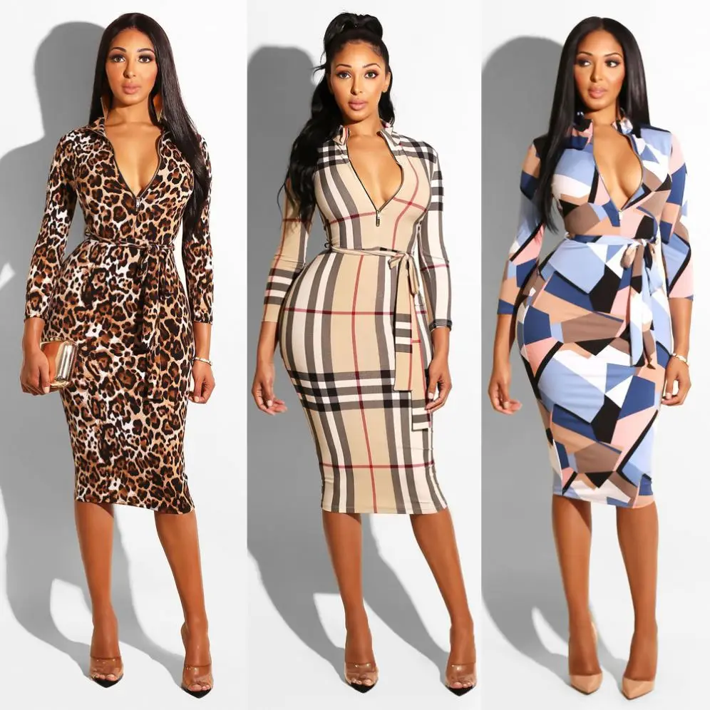 

wholesale 2021 Women fashion plaid print long sleeve bodycon bandage dress, Picture
