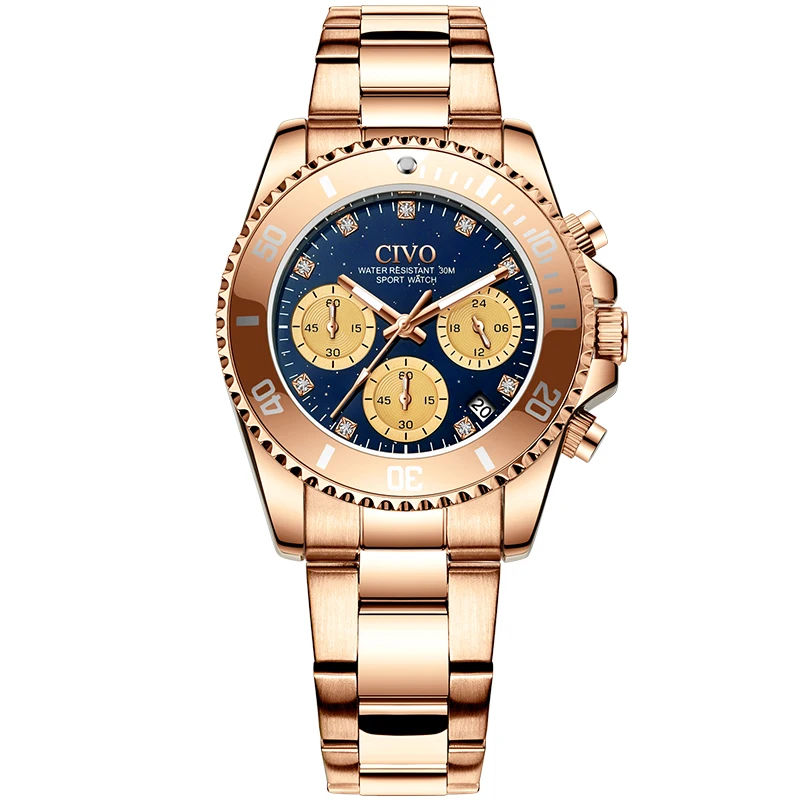 

Business Women CIVO Stopwatch Wholesale Blue Dial Waterproof Coffee Gold Stainless Steel Belt Quartz Watches