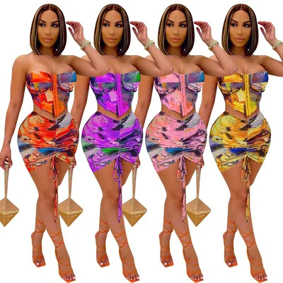 

Summer Bodycon Streetwear 2 Two Piece Set Women Skirt Backless Strapless Crop Top Drawstring Mini Skirt Print Matching Set, Picture
