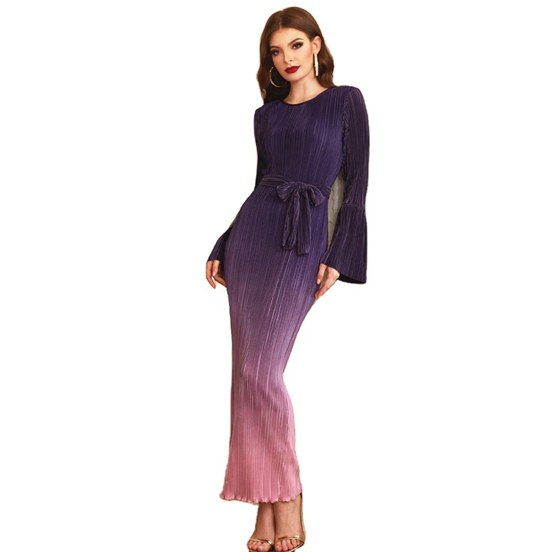 

Charming Slim Pressure Plait Gradient Color Fashion Horn Sleeve Long Dress with Oversized Stretch, Picture