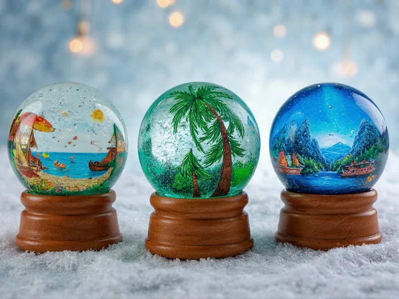 Three themed snow globes: beach, forest, and galaxy designs