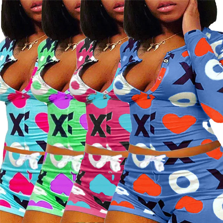 

Casual Ladies Sleepwear Long Sleeve Print Tops Short Pants Plus Size Women Two Piece Set Pajamas