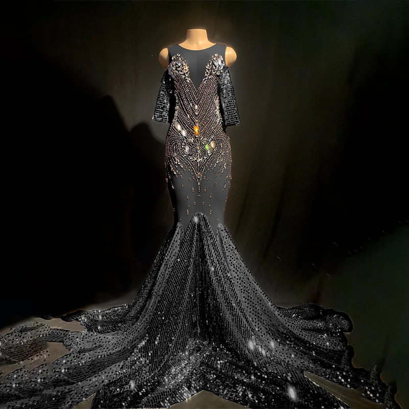 

Summer Dress 2022 Long Sparkly Sequined Crystal Formal Evening Dress Black Luxury Mermaid Elegant Party Dresses For Women