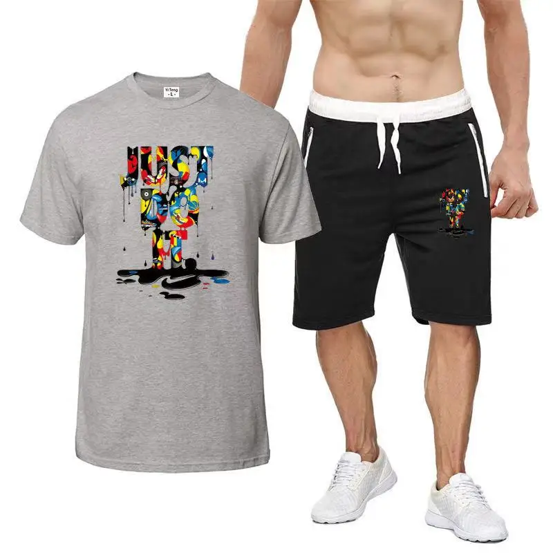 

100% cotton 17 colors hot sale summer outfit mens graphic t shirt short sets two piece clothing training & jogging wear, 17 colors as picture