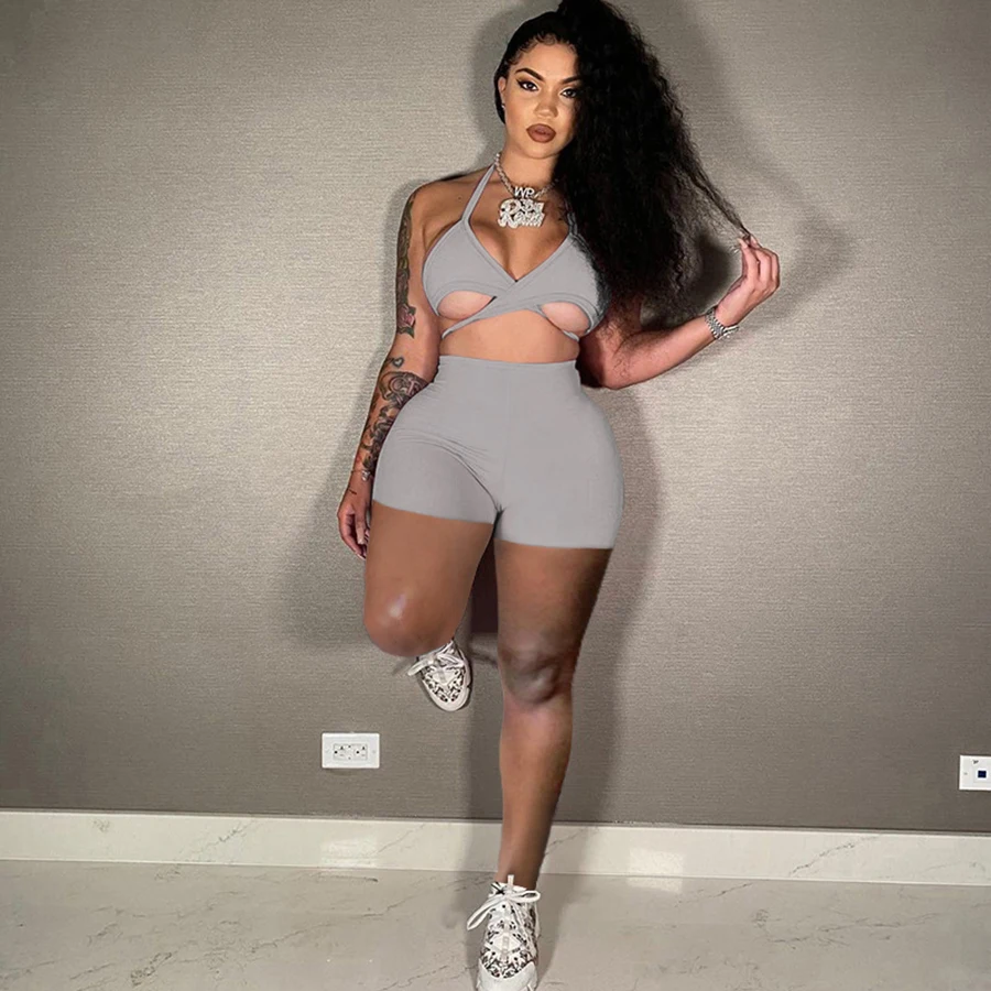 

K21S01849 Casual training two-piece sets women V-neck vest pants Jogging suit sportswear style solid color gym female sportswear